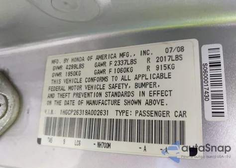 2009 Honda Accord 2.4 Lx z USA, uszkodzony, nr VIN 1HGCP26319A002631